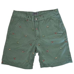 WESC RAI STYLE ARMY GREEN SHORTS SIZE 32. EMBROIDERED BIRD PRINT, 7” INSEAM